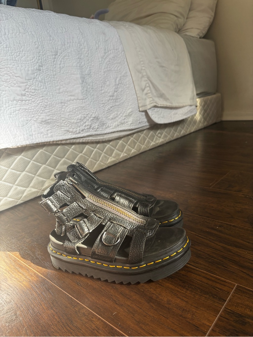 Dr. Martens Black Platform Gladiator Sandals with Yellow Stitching